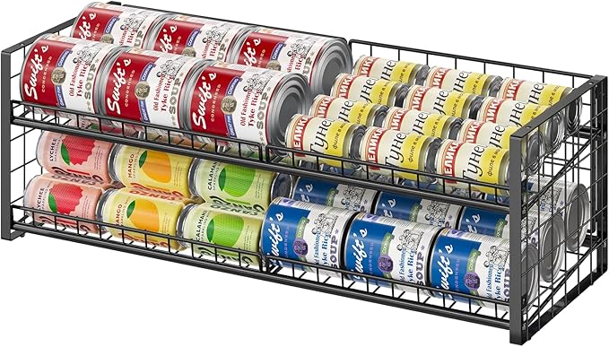 2-Tier Stackable Can Rack Organizer for Pantry Shelf, Adjustable Extra-Long Can Holder for Kitchen Organization Storage, Heavy Duty Can Dispenser for Canned Soup Food Goods Storage up to 64, Black