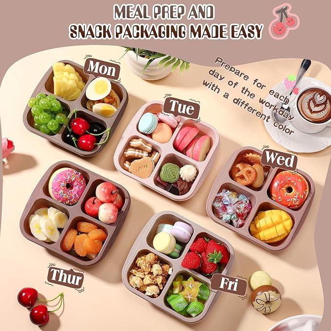 Honeydak 5 Pack Snack Containers 4 Compartment Bento Snack Boxes Reusable Lunchable Containers with Lids Divided Meal Prep Lunch Food Storage Box for School Work Travel(Cream Brown,Equal)