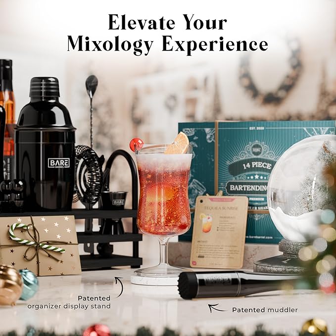 BARE BARREL® Mixology Bartender Kit Bar Set | 14-Piece Cocktail Shaker Set | Martini Barware Mixing Tools for Home Bartending | 35 Recipe Cards | Gift Set (24oz Cobbler Shaker, Jet Black/Black)