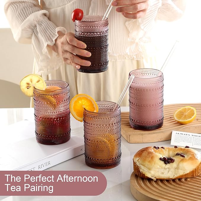 Vintage Glassware Drinking Glasses Set of 12,Purple 12oz & 15oz Hobnail Glass Cups,Embossed Water Tumbler,for Beer,Cocktail,Whiskey,Juice and Various Mixed Drinks- 1 Cleaning Brush