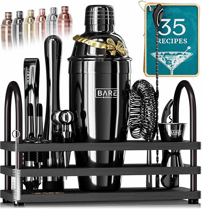 BARE BARREL® Mixology Bartender Kit Bar Set | 14-Piece Cocktail Shaker Set | Martini Barware Mixing Tools for Home Bartending | 35 Recipe Cards | Gift Set (24oz Cobbler Shaker, Jet Black/Black)