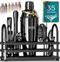 BARE BARREL® Mixology Bartender Kit Bar Set | 14-Piece Cocktail Shaker Set | Martini Barware Mixing Tools for Home Bartending | 35 Recipe Cards | Gift Set (24oz Cobbler Shaker, Jet Black/Black)
