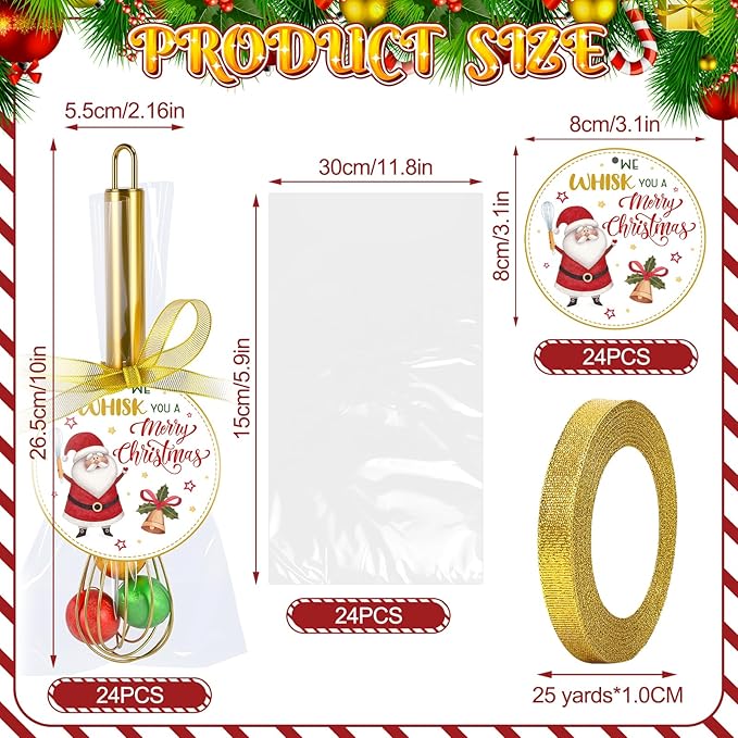 24 Sets 10 Inch Christmas Whisk Gifts Bulk Include Gold Stainless Steel Whisks Cards Bags Ribbons, Egg Beaters DIY Cooking Party Favors for Neighbor Employee Xmas Stocking Stuffers Idea