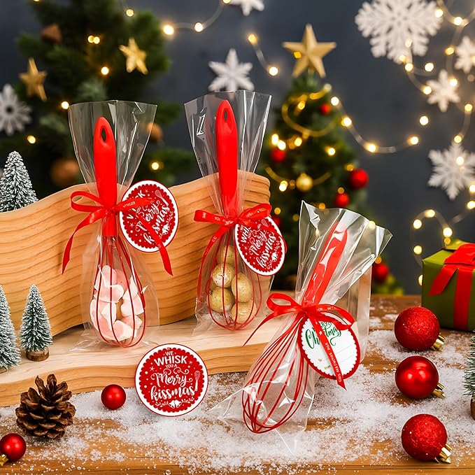 12 Set 10 Inch Christmas Whisks Gifts DIY Fillable Red Baking Supplies Christmas Tree Ornaments Xmas Colored Silicone Whisks with Cards Cooking Heat Resistant Egg Beaters Kitchen Favors