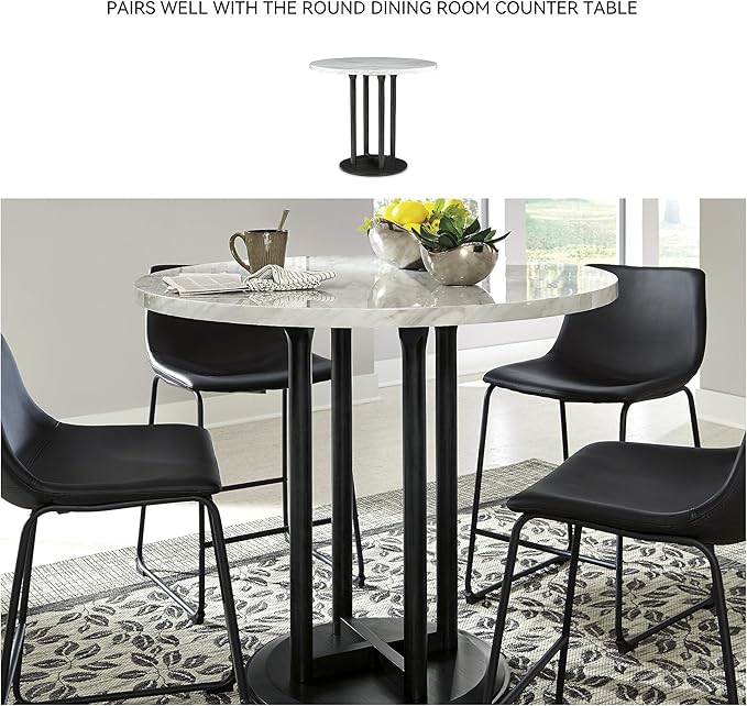 Signature Design by Ashley Centiar Casual Pub Height Bucket Seat Upholstered Bar Stool with Metal Base, Set of 2 , Faux Leather, 30" Seat Height, Black