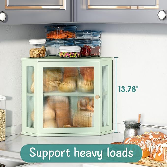 Corner Bread Box for Kitchen Countertop, Bamboo Wood Large Capacity Bread Storage Bin with Acrylic Wavy Door Panel, Green
