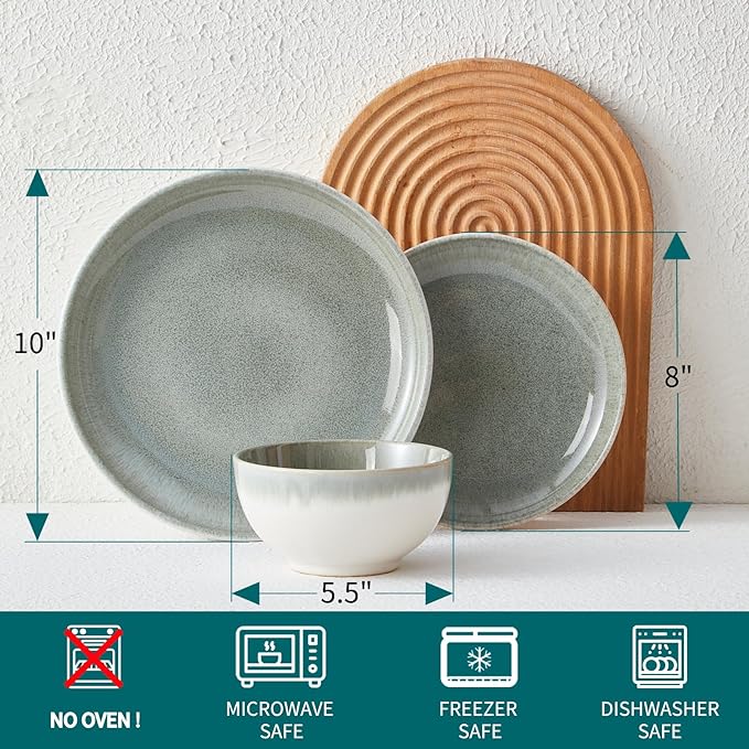 24 Piece Dinnerware Sets for 8, Modern Stoneware Plates and Bowls Sets, Perfect for Family Gatherings & Holiday Celebrations, Easy Cleaning Dishes, Stack Compactly Plate Set, Gradient Green