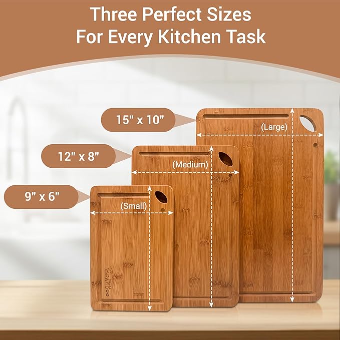 Carbonized Bamboo Cutting Board Set – 3-Piece Cutting Boards for Kitchen, Meat, Vegetables & Bread – Heavy-Duty, 100% Pure Bamboo, Odor & Water Resistant, Knife Friendly, Eco-Friendly