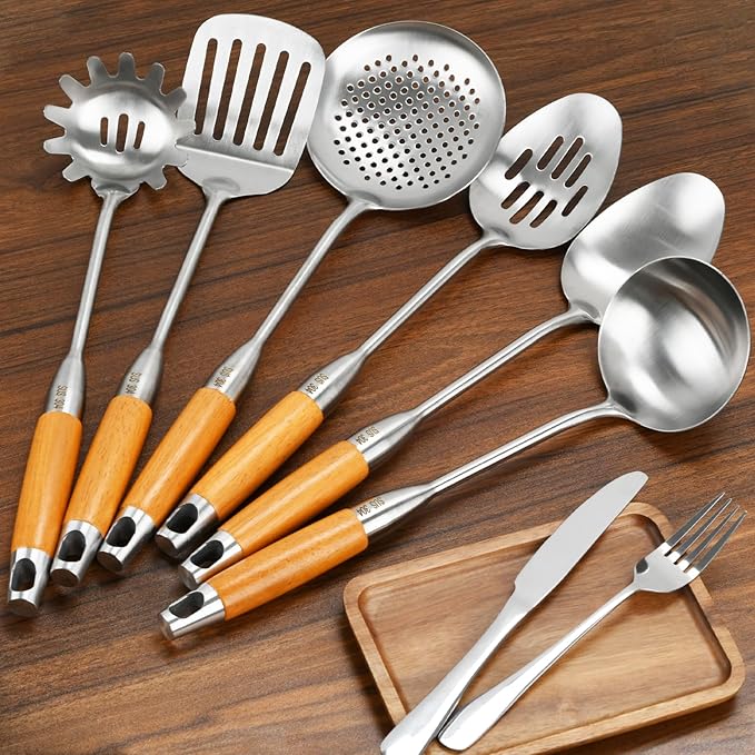6 Packs 304 Stainless Steel Kitchen Cooking Utensils, 15 inch Cooking Utensils Tools, Turner, Ladle, Spoons & Pasta Server, Wooden Handle