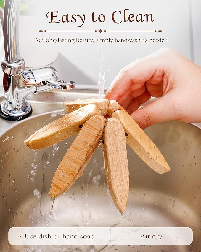 Wooden Tree Trivets for Hot Dishes, 4 Wooden Trivet + 1 Stand Natural Wooden Coaster for Hot Dishes, Pot, Bowl, Teapot, Hot Pot Holders, 4 Foldable Christmas Tree-Shaped Trivets