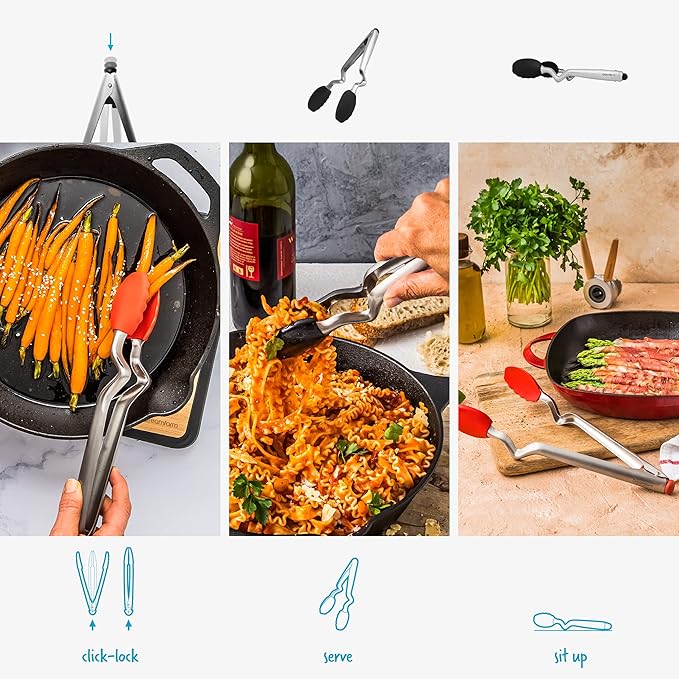 Dreamfarm Clongs Grippy Silicone & Stainless Steel Kitchen Cooking Tongs with Click-Lock Open & Close - 12" Black