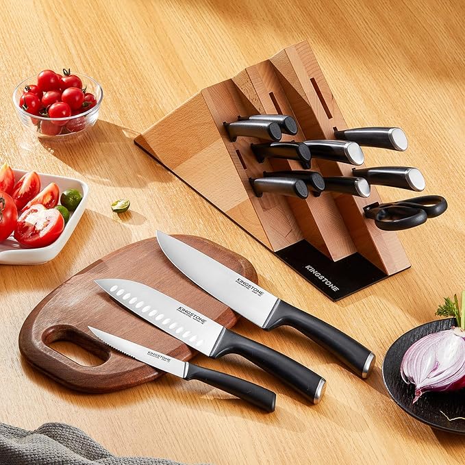 KINGSTONE 14-Piece Knife Block Set, High-Carbon Stainless Steel Knives with Ergonomic Non-Slip Handles, Ultra Sharp & Dishwasher Safe, Natural
