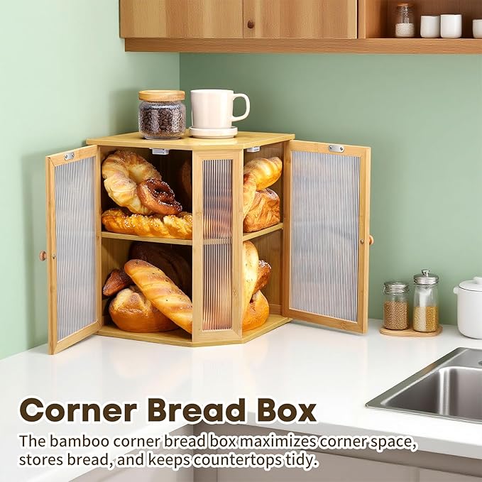 Corner Bread Box for Kitchen Countertop - Bamboo Large Capacity Bread Storage Bin with Acrylic Wavy Door Panel,Double Door Bread Organizers (Natural)