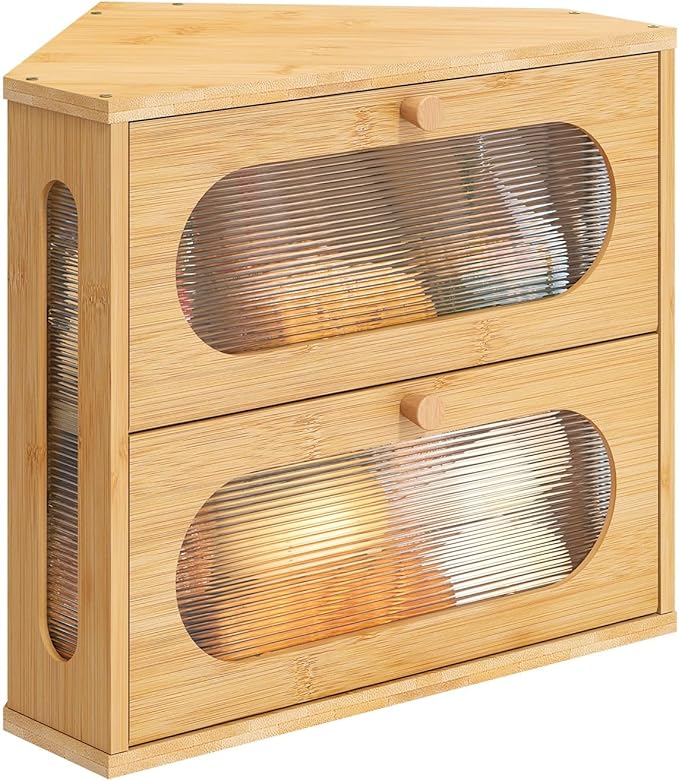 Corner Bread Box for Kitchen Countertop, 2 Tier Corner Bread Box, Bamboo Wood Large Capacity Bread Storage Bin with Acrylic Wavy Door Panel