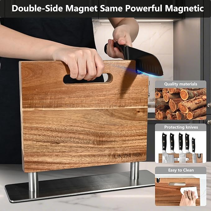 Magnetic Knife Block, Thickened Acacia Knife Holder, Strong Magnetic Suction Cup with Knife Sharpener, Double-Sided Kitchen Knife Storage Rack for Kitchen Countertops