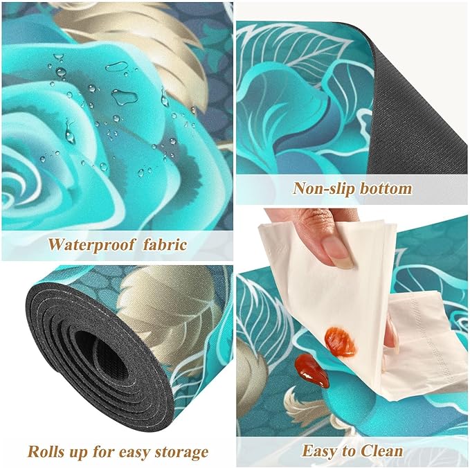 Valentine's Day Trivet Table Runner 40 Inches Long Turquoise Roses Leaves White Gold Contour Heat Resistant Hot Pad Multi Purpose Mat for for Hot Pots Pans Kitchen Countertops