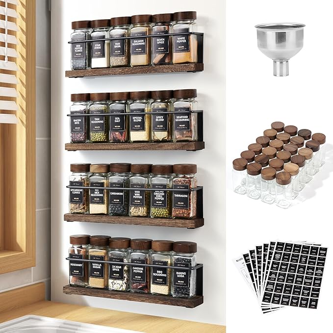 Wooden Lid Magnetic Spice Rack with 24 Jars, 216 Labels, 1 Steel Funnel for Refrigerator，Microwave Oven - Full Set of Spice Organizer