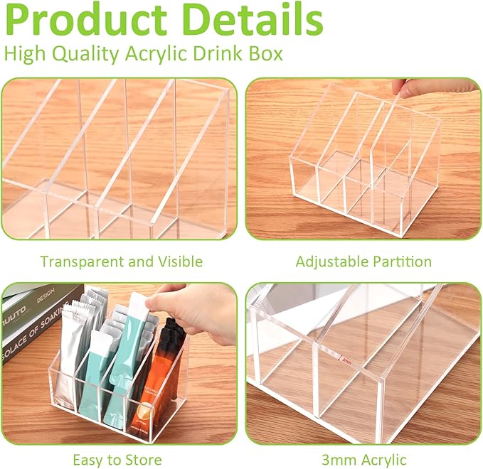 Water drink Packet Holder Water Flavor Packet Storage Container Water Flavor Packet Organizer Storage Basket Acrylic with Removable Dividers for Storage Bins for Refrigerator Organizer Bins Cabinets