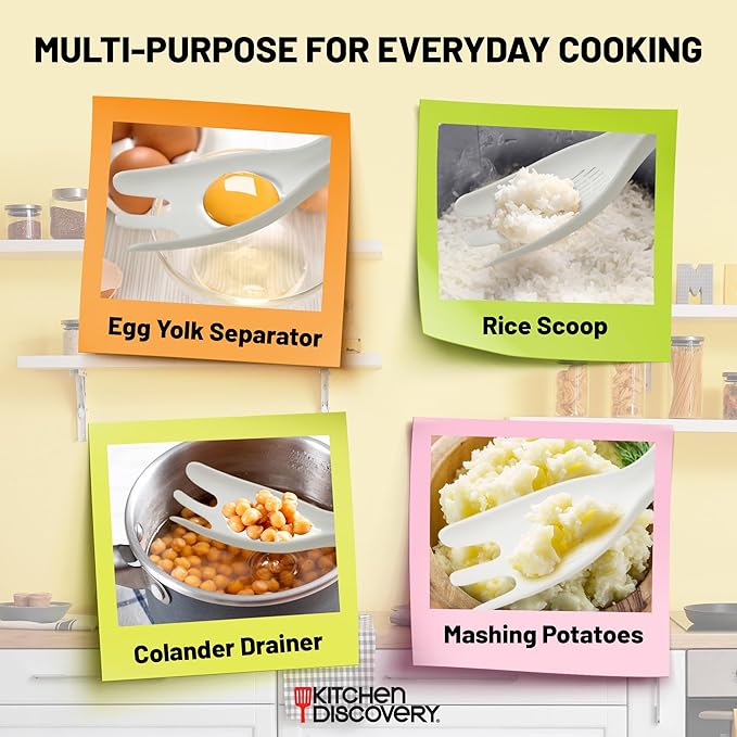 Multifunctional Scoop Strainer – Kitchen Discovery – Slotted Colander Spoon Scoops and Drains, Serves Rice, Separates Eggs, Sprinkles Powdered Sugar 8x2.25x1.25