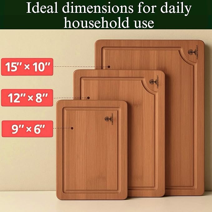 Bamboo Cutting Board Set – 3-Piece Wooden Kitchen Boards for Meal Prep & Serving – Durable Bamboo with Deep Juice Groove & Side Handles – Great for Meat, Vegetables & Charcuterie(Brown)