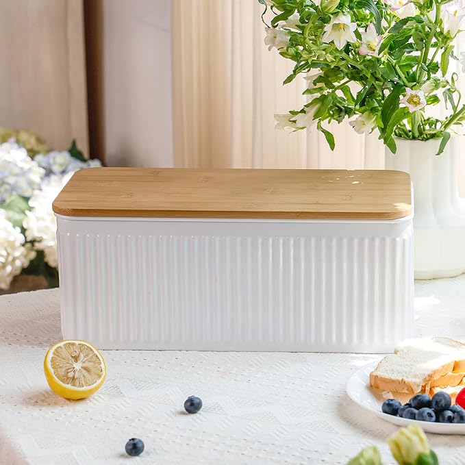 Large Bread Box for Kitchen Countertop Corner Breadbox for Homemade Bread Metal White Vertical Stripe Pattern Embossed Bread Storage Container Bin with Bamboo Lid