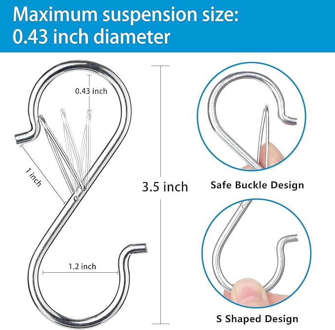17 Pcs S Hooks for Hanging, Heavy Duty S Shaped Hooks Silver, Kitchen Hooks, S Hanger Hooks for Plants, Pots, Towels and Bags, with Safety Buckle Design, 3.5 Inch