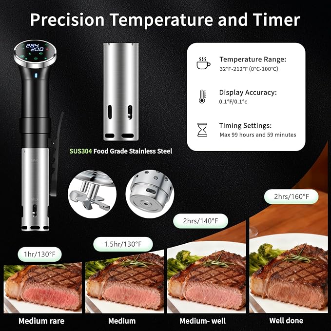 WiFi Sous Vide Cooker with APP Control,1100W Sous Vide Immersion, 3D Heating& LED Display for Home Chefs and Beginners, Party, Temperature Range 77-203℉ Ultra-Quiet Slow Cooking Sous-vide APP Control