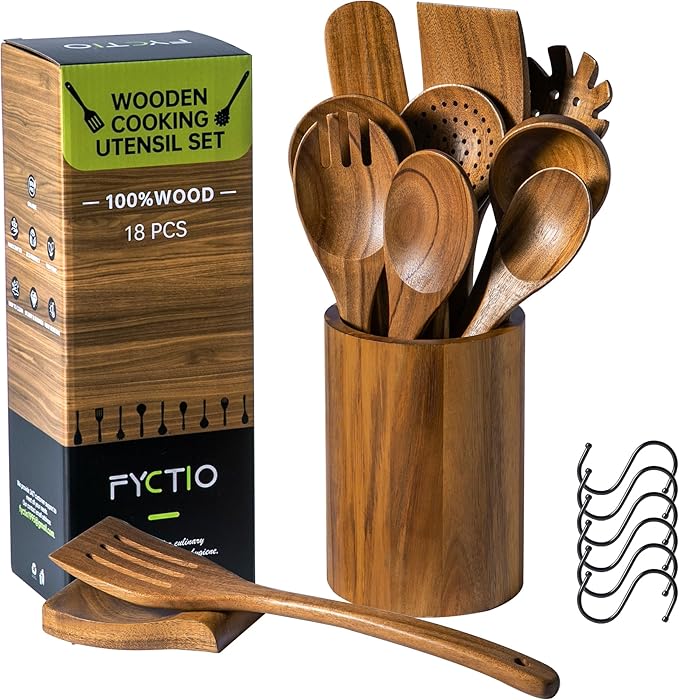 12 PCS Acacia Wooden Spoons for Cooking - Heat-Resistant, Comfort Grip,Easy to Clean, Non-stick Friendly - Kitchen Utensil Set with Holder, Spoon Rest & 6 Hooks, Ideal for Gifting