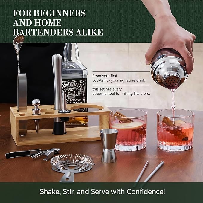 TNGO Cocktail Shaker Set Bartender Kit - Mixology Bar Kit with Natural Stand - Premium Home Bar Tool Set All Bar Accessories Includes Drink Mixer, Muddler, Jigger, Strainer, Bar Mixer Spoon