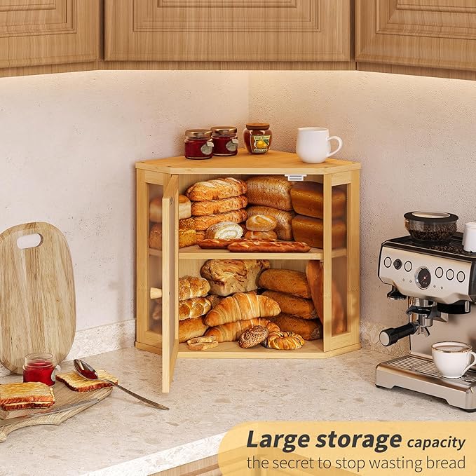 Corner Bread Box for Kitchen Countertop,Bread Storage for Homemade Bread, Double Layer Large Bamboo Kitchen Storage Bin with Window (Natural, Medium)