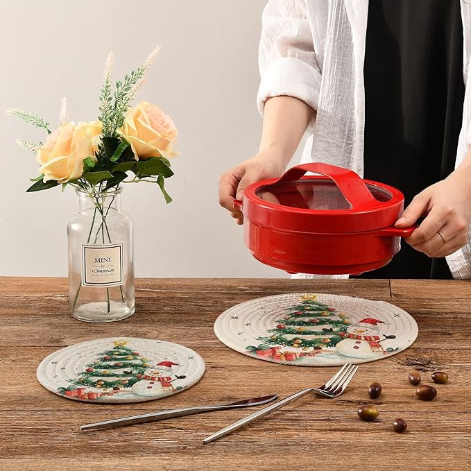 Watercolor Christmas Tree Snowman Kitchen Trivets Pot Holders Set of 2, Trivets for Hot Pots Dishes Woven Trivet Coaster Pad Mat for Counter