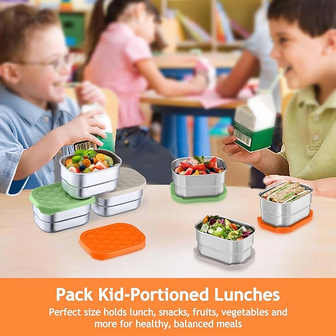 Homikit 3 Pack Snack Containers for Kids, 18/10 Stainless Steel Toddler Lunch Box with Silicone Lids, Reusable Bento Food Container Set for School Daycare, Nontoxic & Leak Proof, Green/Khaki/Orange