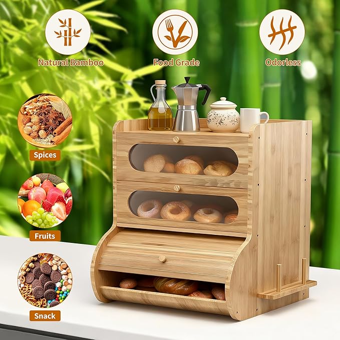 Bread Box for Kitchen Countertop, 3 Tier Large Capacity Breadbox, with Window, Cutting Board Rack and Knife Holder, Bamboo Bread Container, Under Cabinet Organizer
