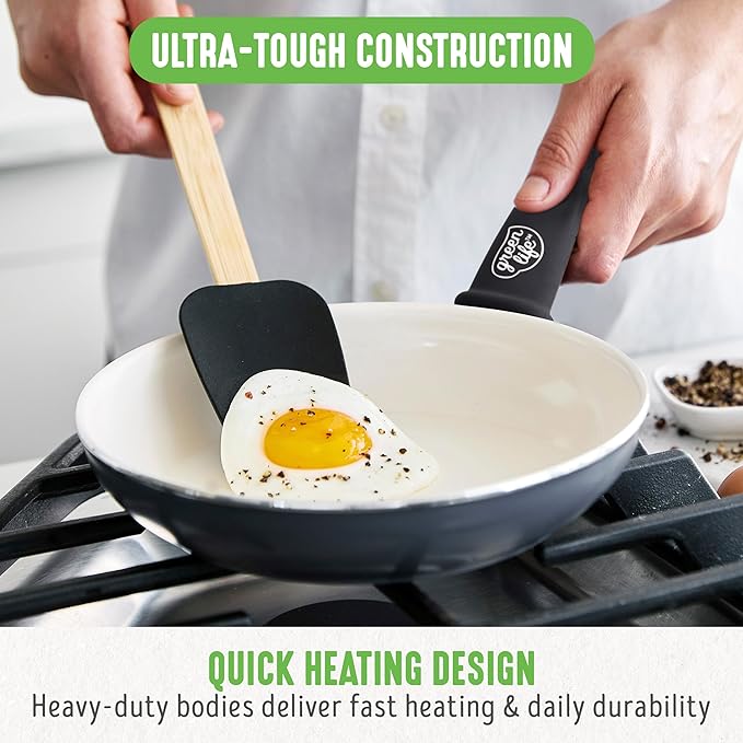 GreenLife Soft Grip 8” Frypan Skillet and Spatula Breakfast Cookware Set, PFAS-Free Ceramic Nonstick, Silicon Spatula with Bamboo Handle, Egg Omelette Bacon, Dishwasher Safe, Stay-Cool Handles, Black