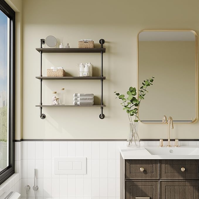 3-Tier Industrial Pipe Floating Shelf – Rustic 24 inch Wood Wall-Mounted Storage Shelf for Kitchen Office,Bathroom & Home Decor -Black