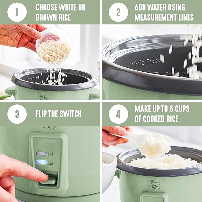 GreenLife Rice Cooker with Removable PFAS-Free Nonstick Pot, 3-Cups Uncooked/6-Cups Cooked, One-Switch Design, Auto Keep Warm Function, Soup, Grains, Oatmeal, Wood Handle, Sage Green
