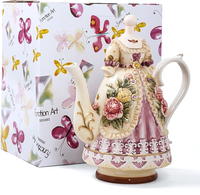 Large Ceramic Teapot and Coffee Pot with Lid, 3D Embossed Victoria Pink Rose Flowers Decorative Teapot(Red）