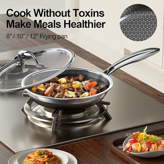 Fogdream 8"10"12" Stainless Steel Pan, Non Stick Frying Skillet, Tri-Ply Stainless Steel for All Cooktops, Dishwasher and Oven-Safe Cooking Pan, Stay-Cool Handle, Silver