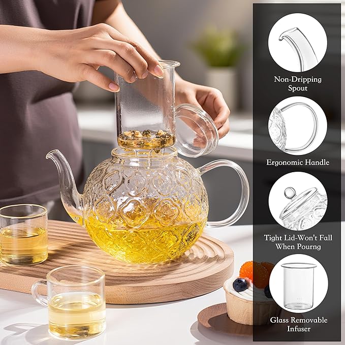 Glass Teapot with Removable Infuser-1500ml Clear GlassTea Pot for Stovetop, Borosilicate Microwave Safe Glass Tea Kettle and Tea Maker for Blooming & loose Tea