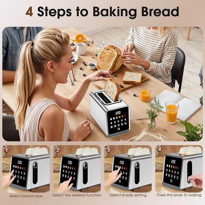 2-Slice Smart Toaster, Digital Touchscreen with Memory Function, 1.5" Extra-Wide Slots, 5 Bread Types & 6 Browning Settings, 900W for Fast Toasting, Defrost & Reheat Modes