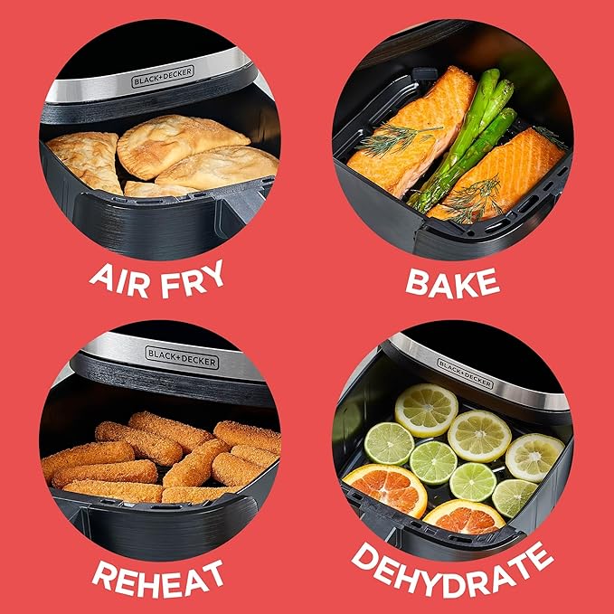 BLACK+DECKER Purifry 4QT Air Fryer, Timer with Auto Shut-off and Shake Reminder, Digital LED Touchscreen and 9 Presets, 1300W up to 400 F, Dishwasher Safe Parts