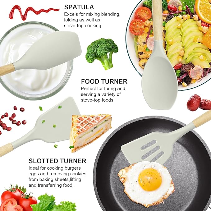Silicone Cooking Utensils Kitchen Utensil Set - 446°F Heat Resistant Silicone Kitchen Utensils Set, Spatula,Turner Tongs, Spoon, Brush, Whisk,Kitchen Gadgets for Nonstick Cookware, BPA Free (White)