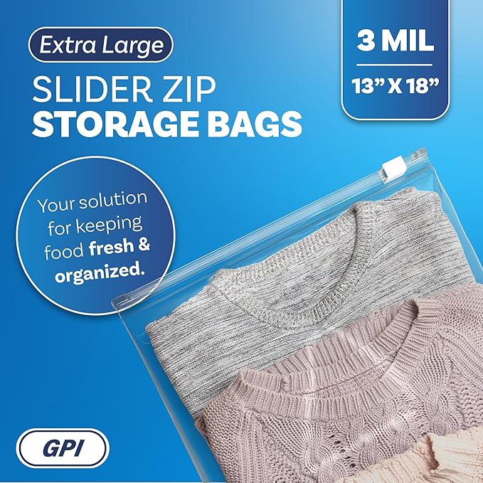 100 Count - Slider Zip 2.5 Gallon Jumbo Food Storage Bags, 13" x 18" 3 Mil Heavy Duty, Extra Large, Strong & Durable For Freezer Storage. GPI