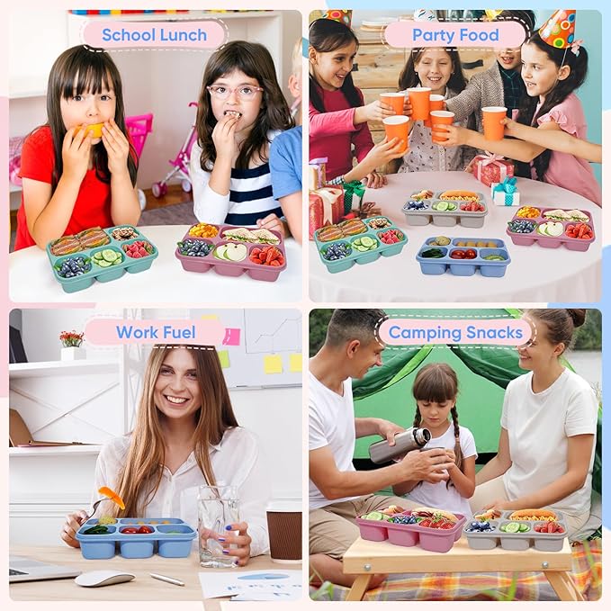 Bento Box Adult Lunch Box 4 Pack, 5 Compartment Snack Containers with Lids, Divided Food Storage Containers, Reusable Meal Kids Bento Lunch Boxes for School Home Travel