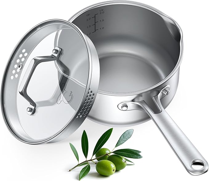 PekGema Stainless Steel Saucepan 2.5 Quart with Glass Strainer Lid, Thicken Tri-ply Full Sauce Pot, Two Side Spouts for Easy Pour, Dishwasher Safe, Induction Ready, Compatible with All Cooktops