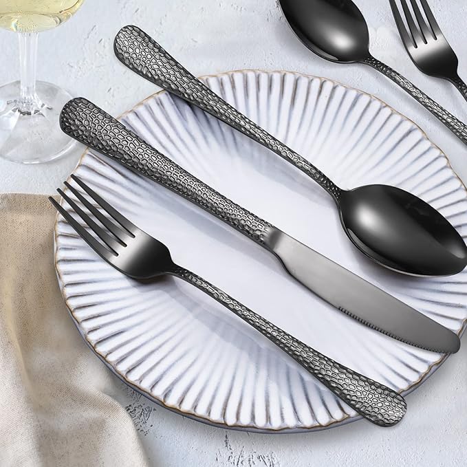 Black Hammered Silverware Set 8 Stainless Steel Flatware Vintage 40 piece include Knife Fork Spoon Proper Weight for Parties Restaurant Utensils and Kitchen Daily Use