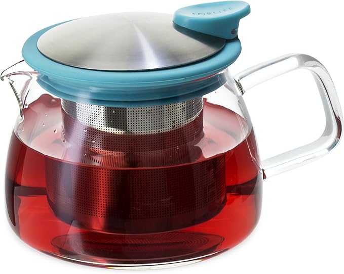 FORLIFE Bell Glass Teapot with Basket Infuser, 14 oz./430 mL, Turquoise
