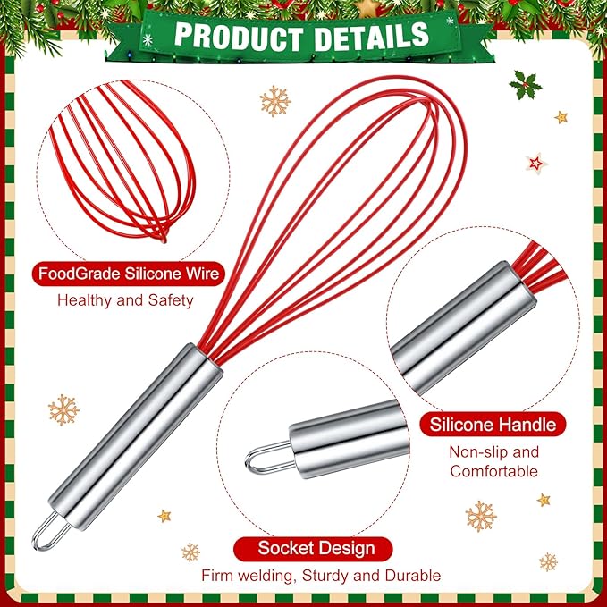12 Sets Christmas Whisk Gifts Include 10 Inch Stainless Steel Silicone Whisk Xmas Hollow Molds Greeting Cards Ribbons for Neighbor Family Friends Baking Cooking Enthusiast Supplies