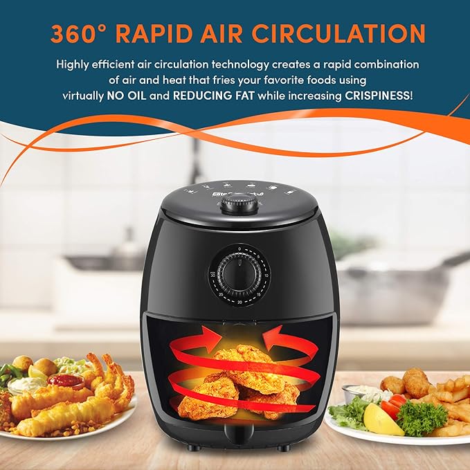 Elite Gourmet EAF0201X Personal Compact Space Saving Electric Hot Air Fryer Oil-Less Healthy Cooker, Timer & Temperature Controls, 1000W, 2.1 Quart, Black