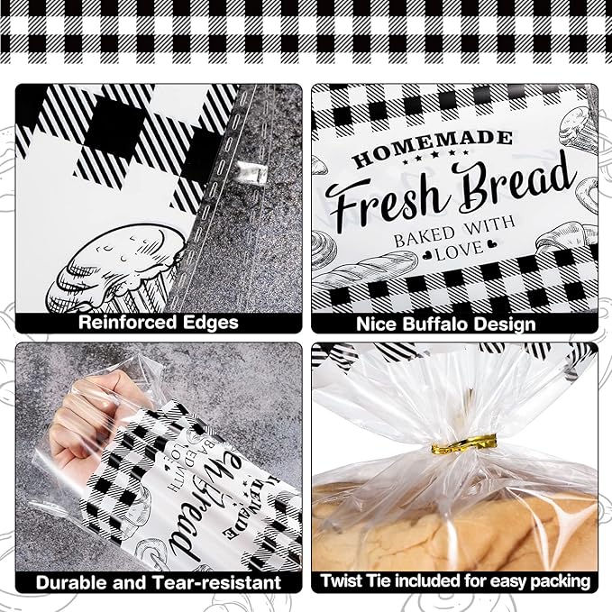 Sabary 100 Pcs Homemade Bread Bags with Ties Black Buffalo Plaid Bread Loaf Bags Plastic Clear Gift Storage for Home Bakers Bakery Christmas, 10 x 20 Inch